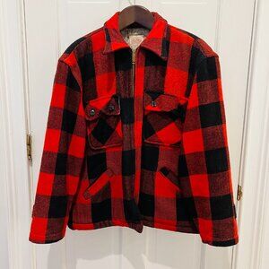 Vintage 70s 5 Brother Union Made Wool Red Plaid Talon Zipper Jacket Size Medium